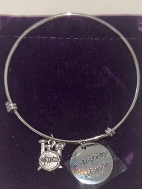 Brand New Silver Bangle Bracelet "I Destroy Silence" Drummer's Bracelet